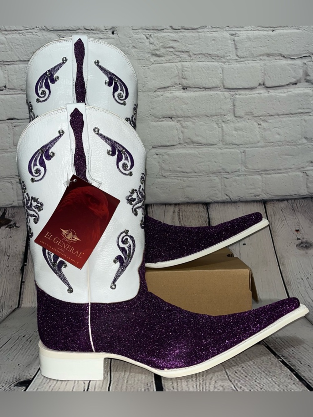 NWT El General 1901 Western White Leather & Purple Glitter Cowboy Boots
